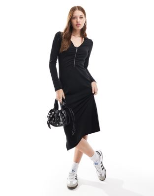 JDY ruched front midi dress in black