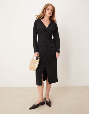 ruched front midi dress in black