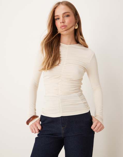 JDY ruched front top in cream - view 1