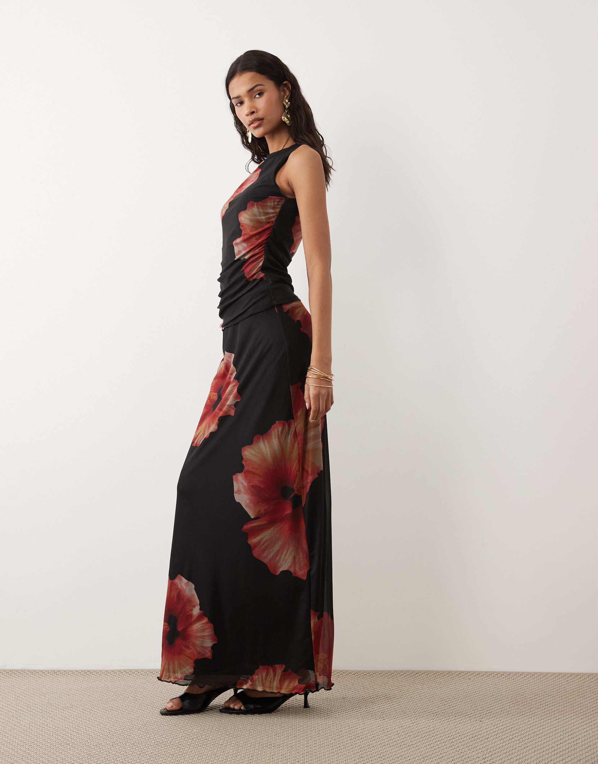 jdy ruched mesh skirt with floral print in black - part of a set