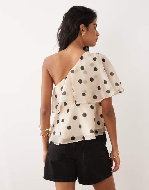 JDY ruffles detail one shoulder top in cream polka dots, 4 of 4