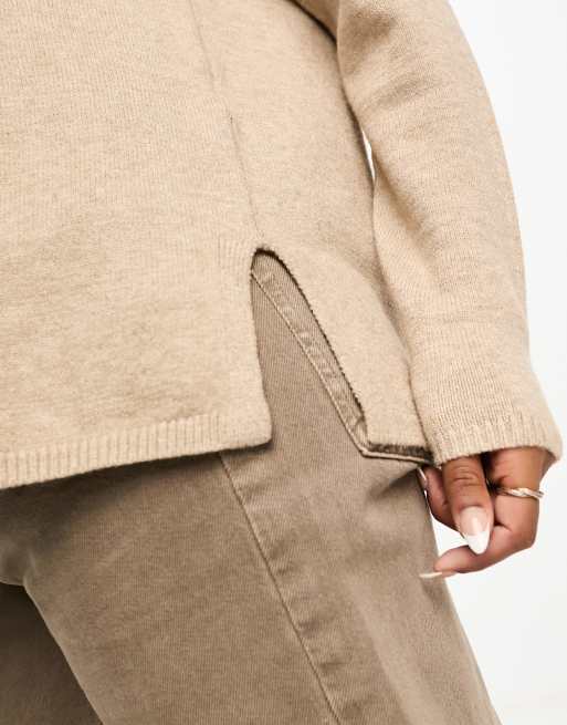 JDY - Ruimvallende trui met lange pasvorm en zijsplit in beige, 2 van 4