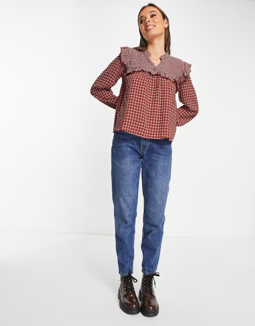 JDY - Rustrød smock-bluse med flæser og tern, 2 af 4