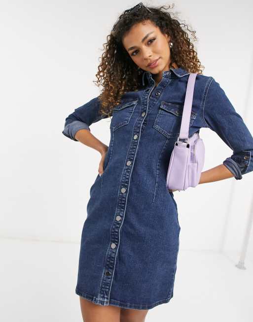 JDY - Sanna - Denim mini-jurk met lange mouwen in middenblauw met wassing