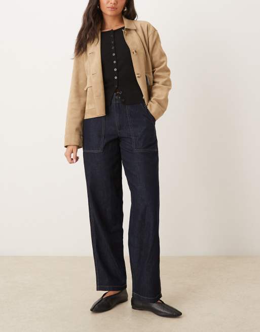 JDY Sansa stitch detail high waist barrel jeans in dark blue, 2 of 5