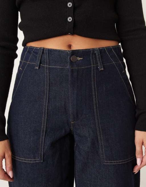 JDY Sansa stitch detail high waist barrel jeans in dark blue, 5 of 5