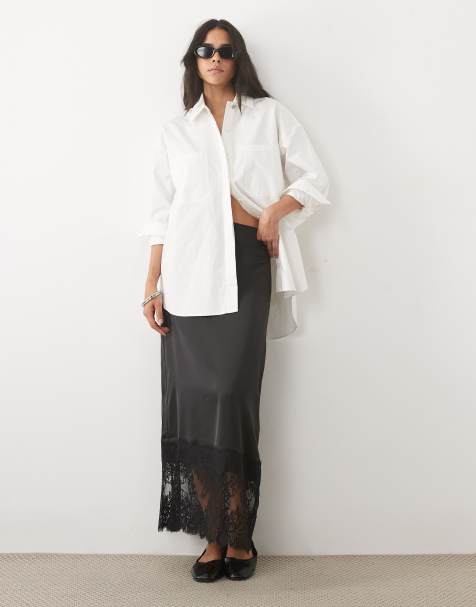 JDY satijnen maxi-rok met kantdetails in zwart - view 1