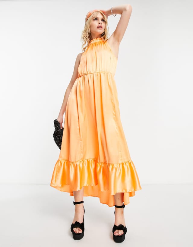 JDY satin halter neck maxi dress in orange