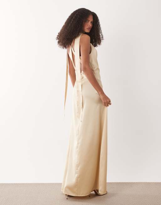 JDY – Satin-Maxikleid in blassem Zitronengelb mit Wasserfallausschnitt, Rückenausschnitt und Schal, 2 von 4