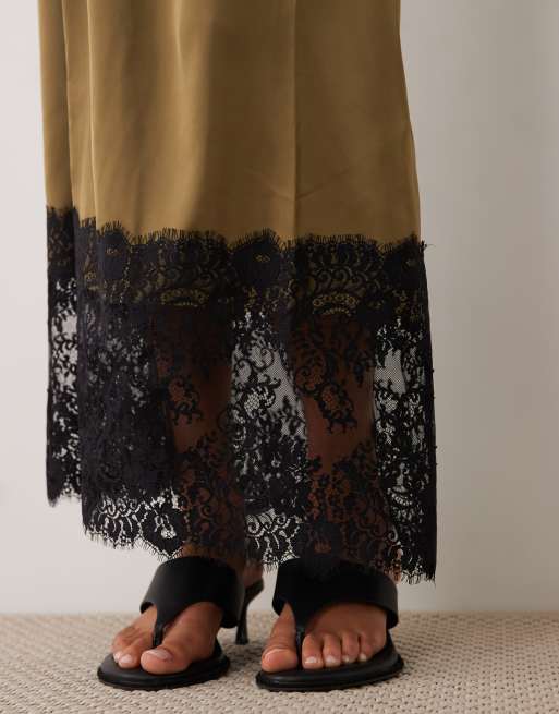 JDY satin maxinederdel med blondetrim i olivengrøn, 5 af 5