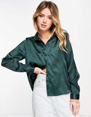JDY satin shirt in emerald green | ASOS