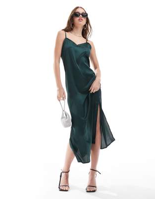 JDY satin slip maxi dress in emerald green