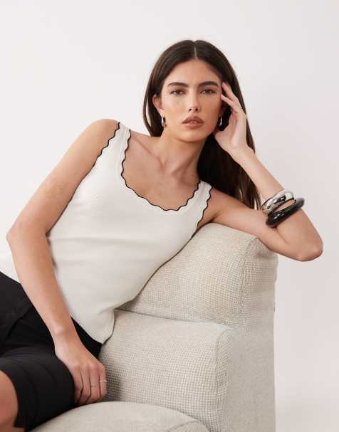 JDY scallop edge knit tank top in white with black contrast seams - view 1