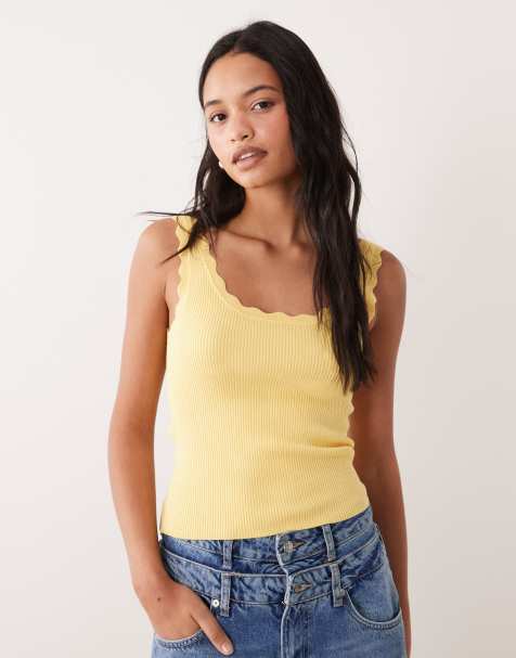 JDY scallop edge knit tank top in yellow - view 1