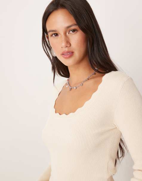 JDY scallop edge long sleeve top in beige - view 1