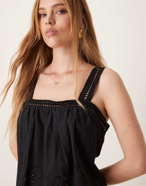 JDY scallop edge top with crochet straps and embroidery detail in black, 4 of 4