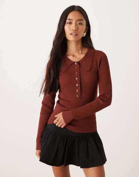 JDY scallop trim knitted polo in warm brown - view 1