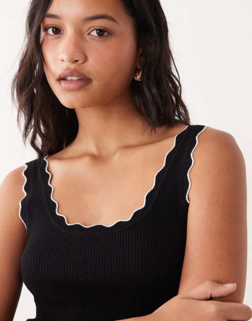 JDY scalloped edge knit tank top in black with white contrast seam, 2 of 4