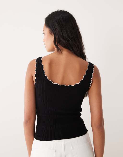 JDY scalloped edge knit tank top in black with white contrast seam, 3 of 4
