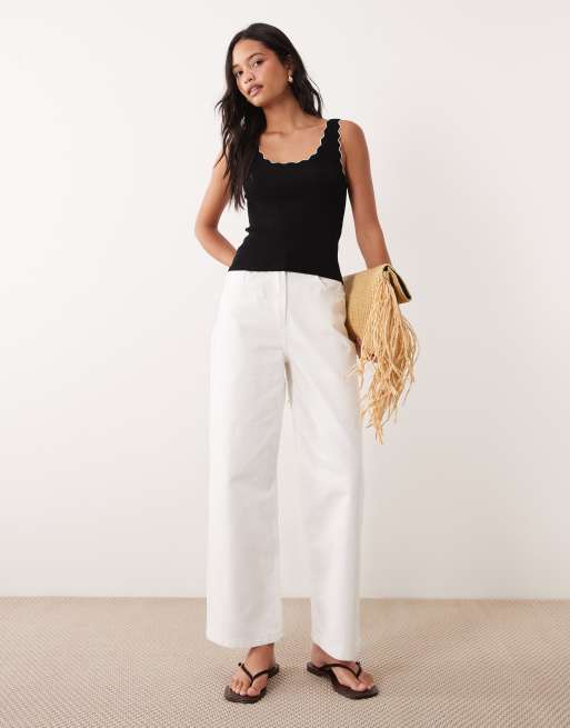 JDY scalloped edge knit tank top in black with white contrast seam, 4 of 4