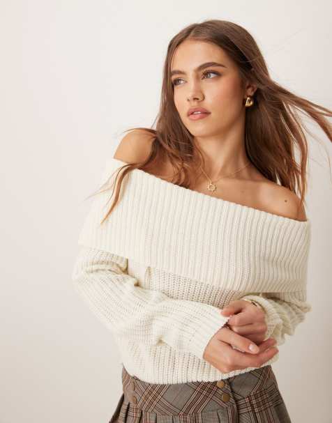 JDY – Schulterfreier, gerippter Strickpullover in Cremeweiß - view 1