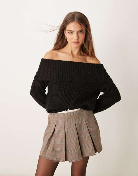 JDY – Schulterfreier, gerippter Strickpullover in Schwarz - view 1