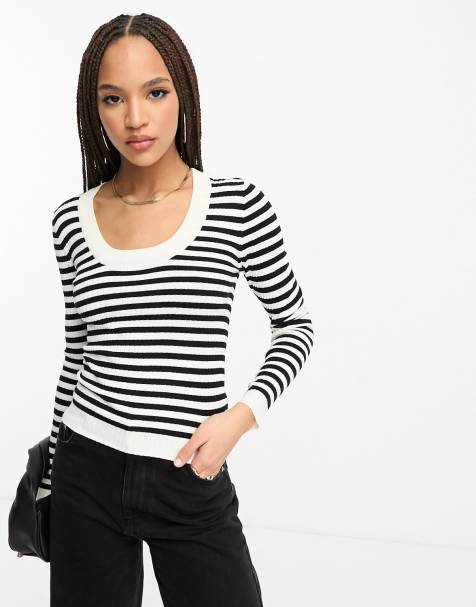JDY scoop neck knitted top in black & white stripe
