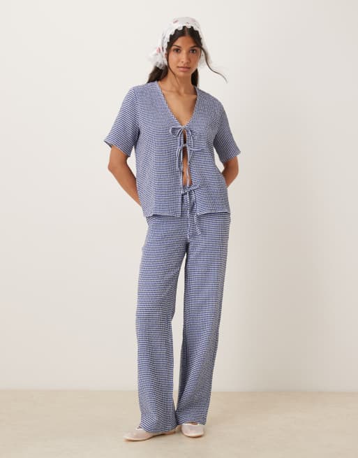 JDY - Seersucker broek met wijde pijpen in blauwe gingham ruit, deel van co-ord set