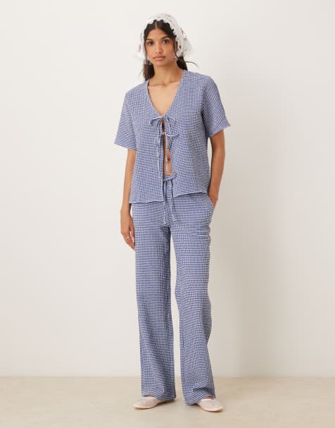 JDY seersucker co-ord in blue gingham - view 1
