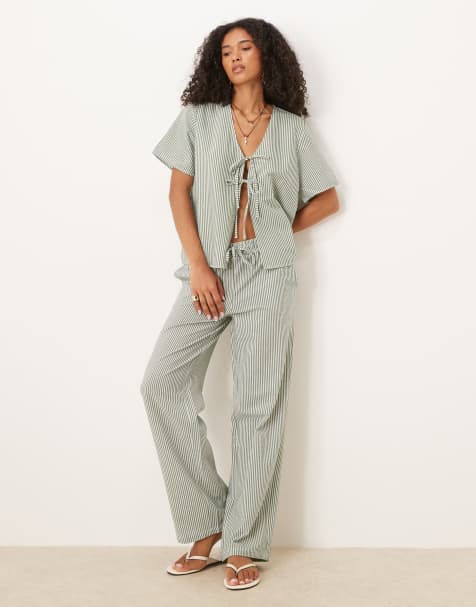 JDY seersucker pants in green stripes - part of a set - view 1