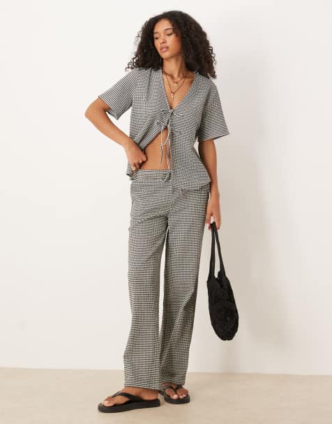 JDY seersucker wide leg pants in black gingham - part of a set - view 1
