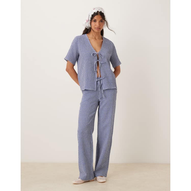 JDY seersucker wide leg pants in blue gingham - part of a