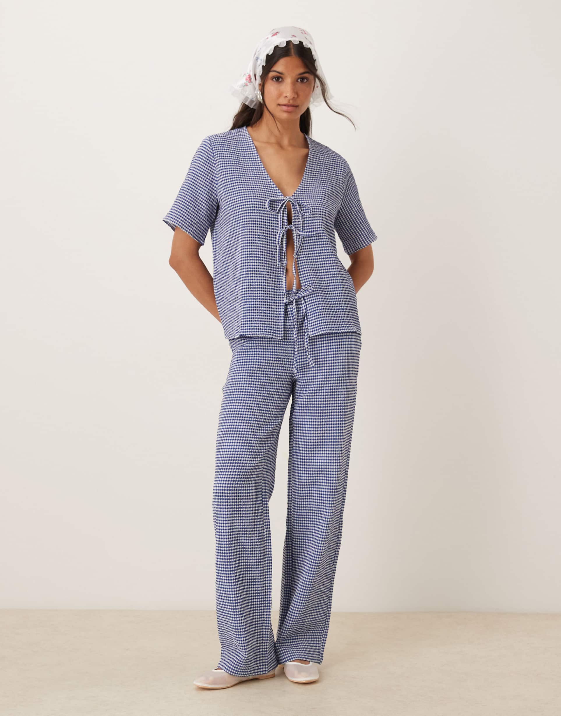 jdy seersucker wide leg pants in blue gingham - part of a set