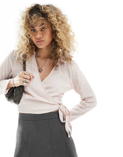 JDY seersucker wrap top in light pink - view 1