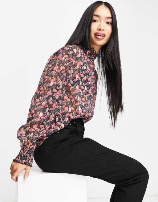 JDY Selina printed high neck blouse in navy and pink | ASOS