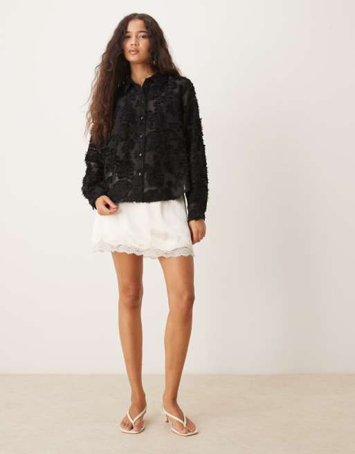 JDY semi sheer shirt with floral eyelash detail in black, 2 of 4