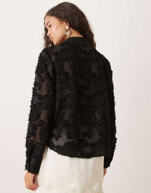 JDY semi sheer shirt with floral eyelash detail in black, 3 of 4