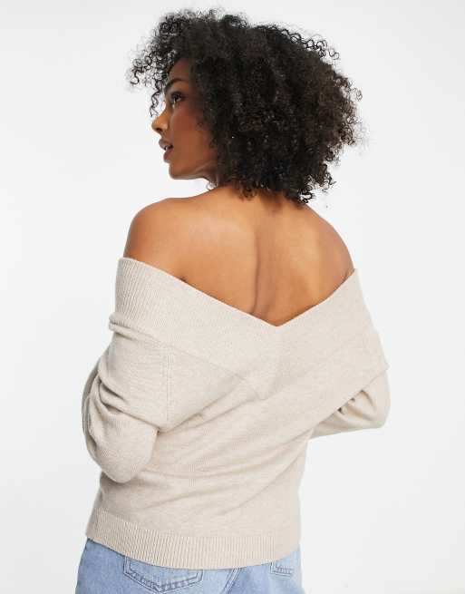 JDY Shanon off shoulder fine knit jumper in beige ASOS