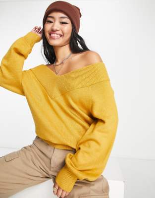 JDY shanon off shoulder fine knit jumper in mustard