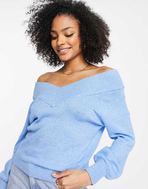 JDY shanon off shoulder fine knit sweater in blue ASOS