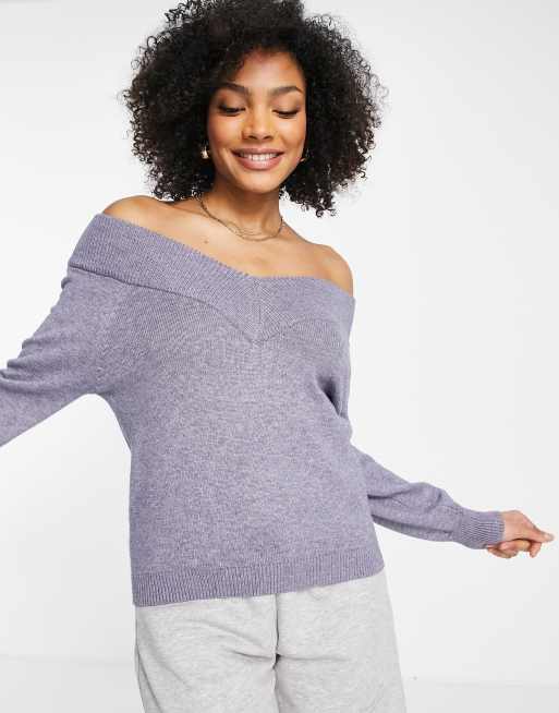 JDY shanon off shoulder fine knit sweater in gray