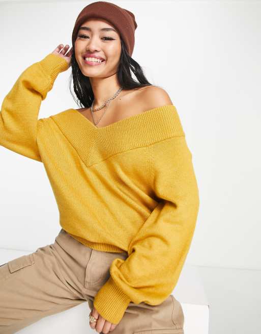 JDY – Shanon – Senapsgul, finstickad tröja i off shoulder-design