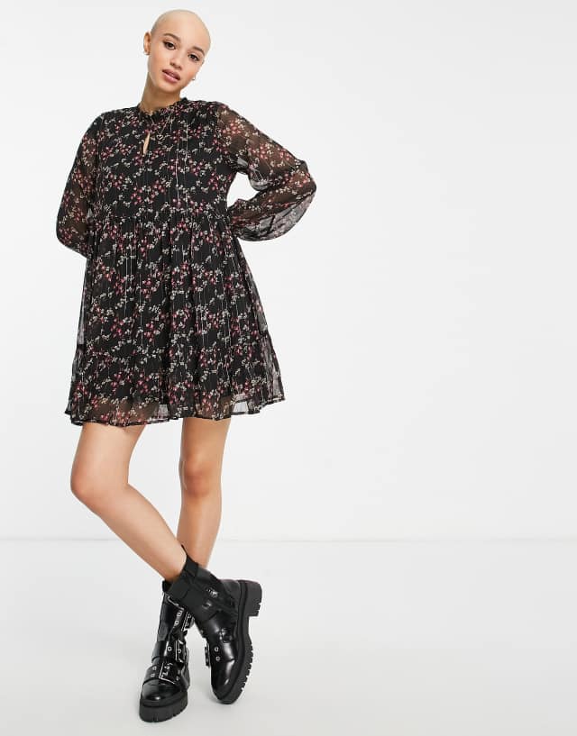 JDY sheer sleeved mini dress in black floral