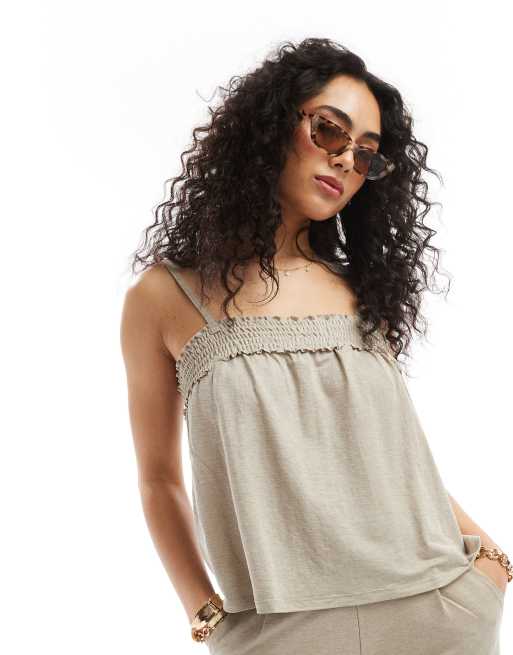 JDY shirred detail cami top in beige (part of a set)