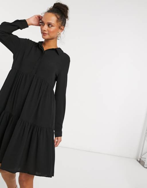 JDY shirt dress with tiered hem in black | ASOS