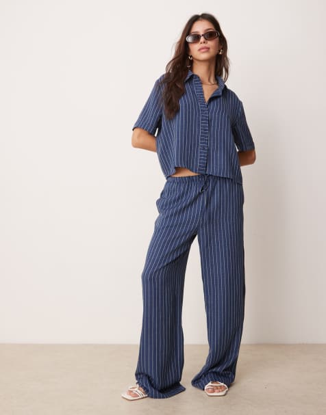 JDY shirt & trousers co-ord in dark blue stripes - view 1