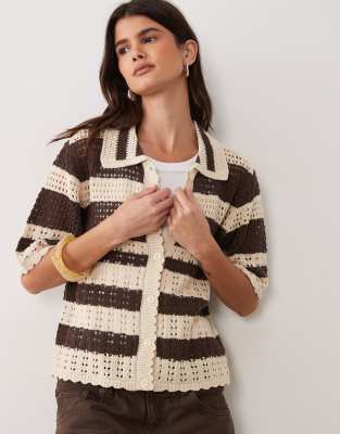 Jdy Short Sleeve Crochet Cardigan In Brown
