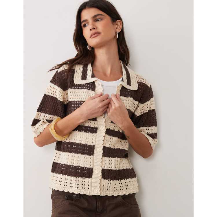 JDY short sleeve crochet cardigan in brown stripes | ASOS