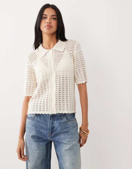 JDY short sleeve crochet cardigan in cream, 3 of 4