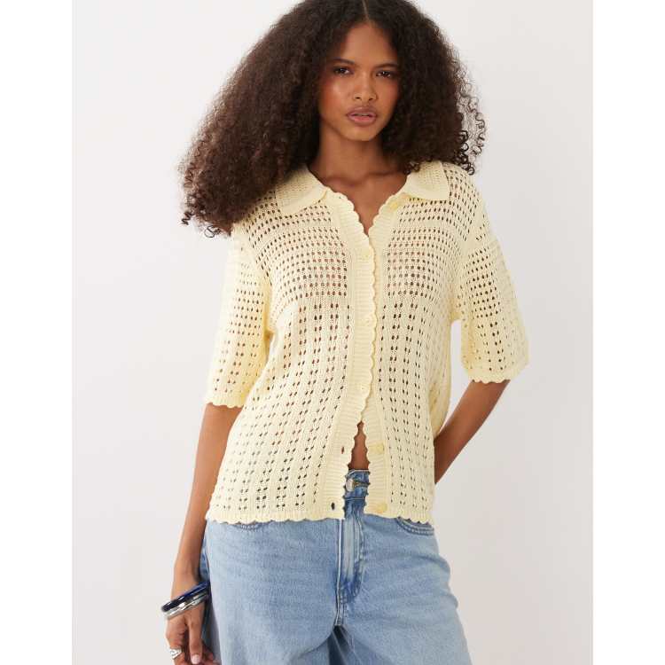 JDY short sleeve crochet cardigan in pale yellow | ASOS